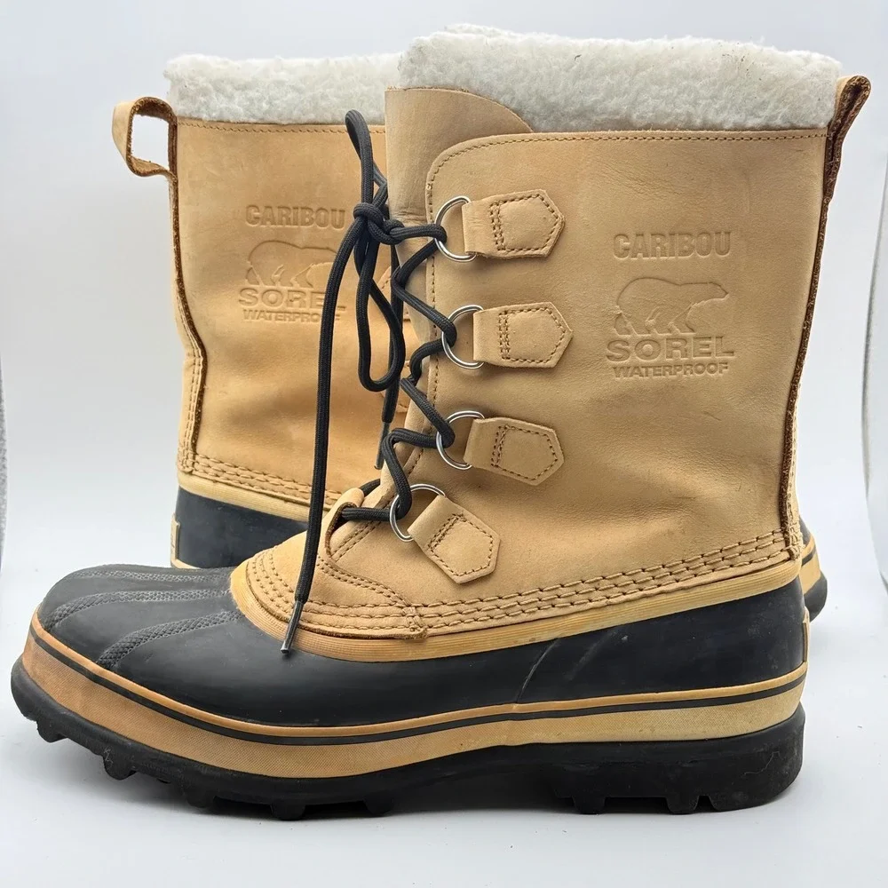 Sorel Caribou Snow Boots Mens 10 Tan Waterproof Leather Faux Fur Winter